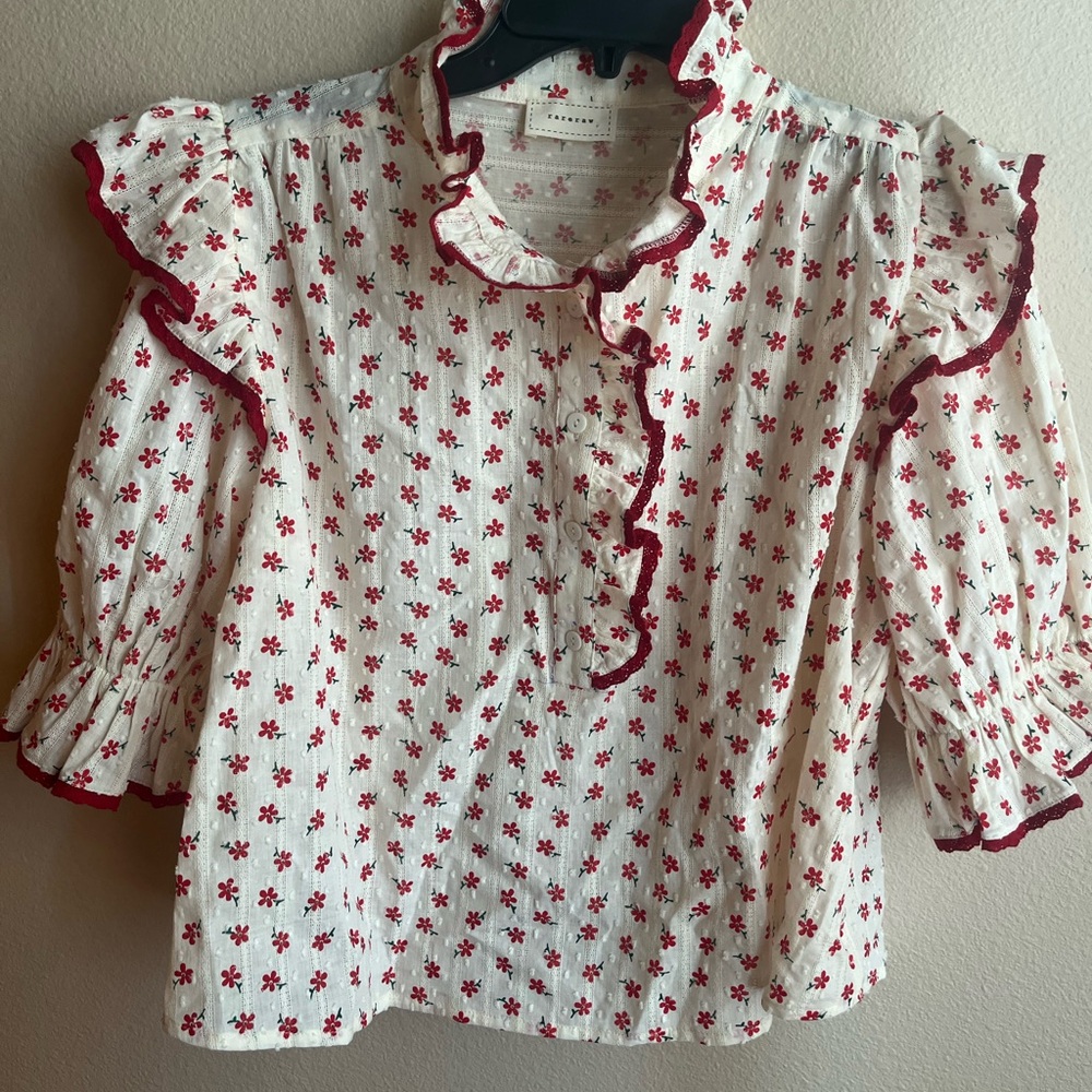 Chic Ruffle Floral Blouse - Red and White